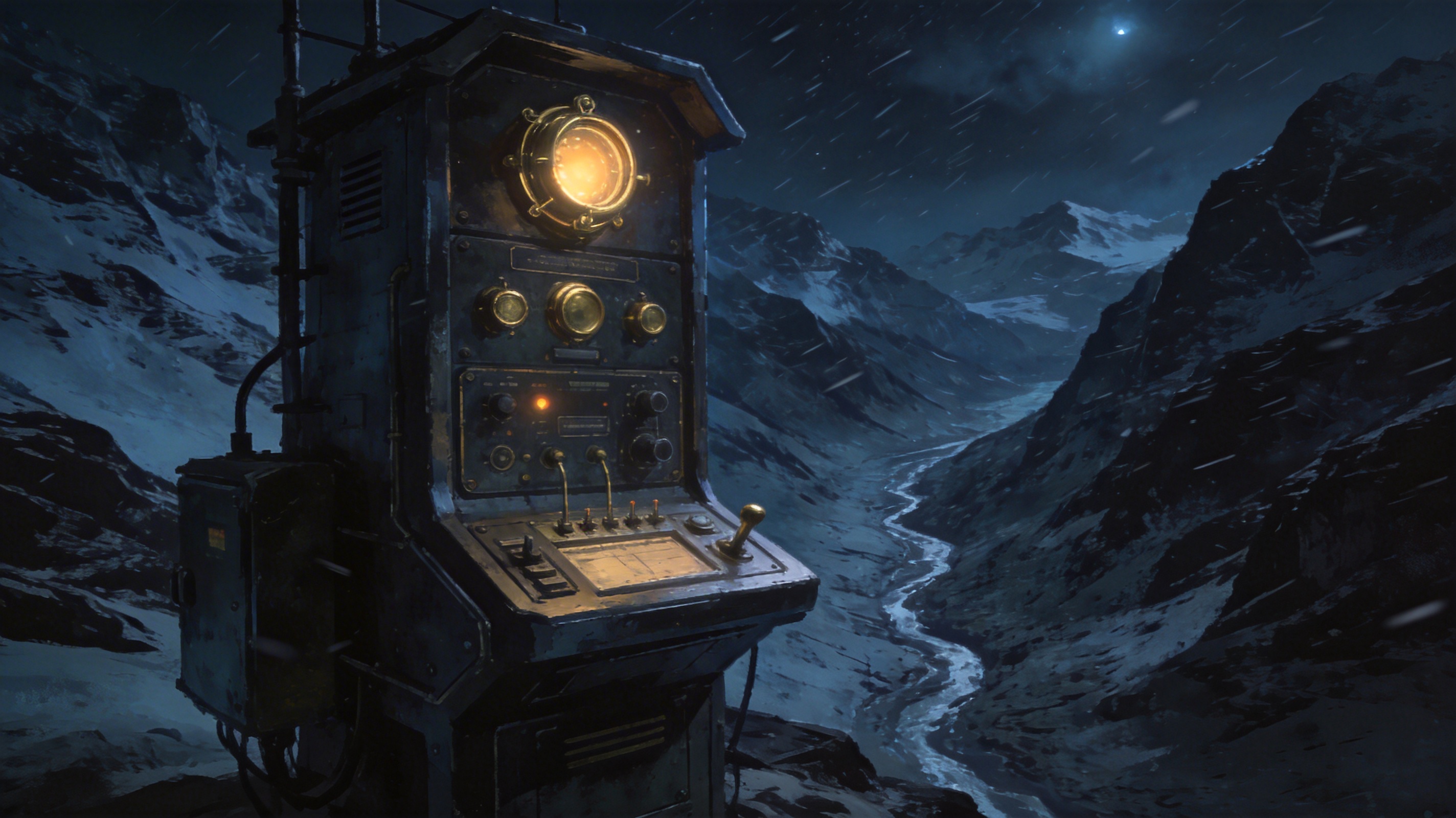 前哨夜班终端悬在风雪前方，等待值守者接班。